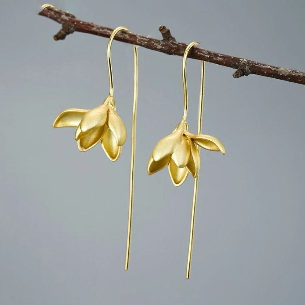 18k Gold Plated 925 Silver Magnolia Flower Gold Earrings